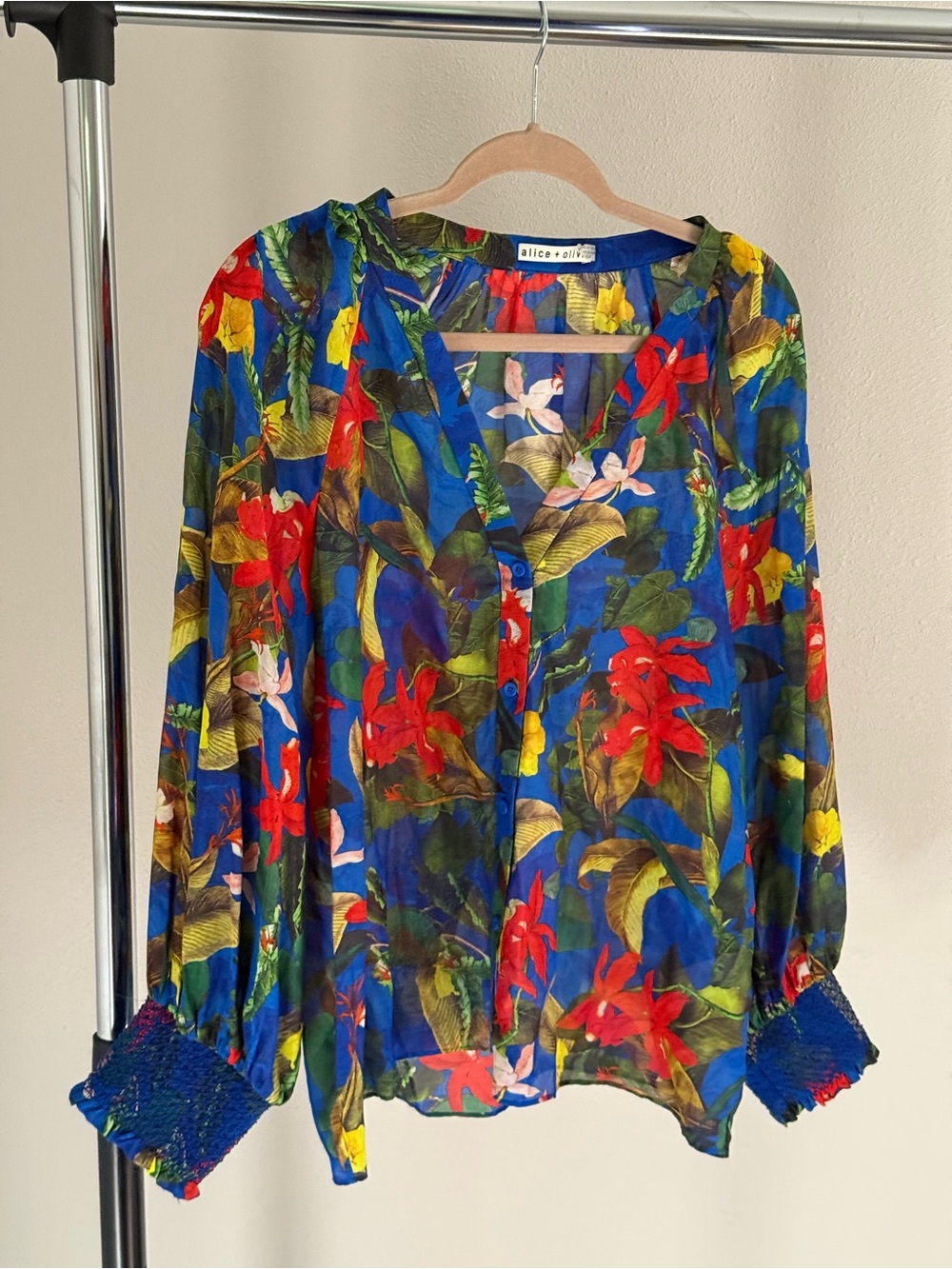 Alice + Olivia Floral V-Neck Sheer Blouse - Size XL/LG